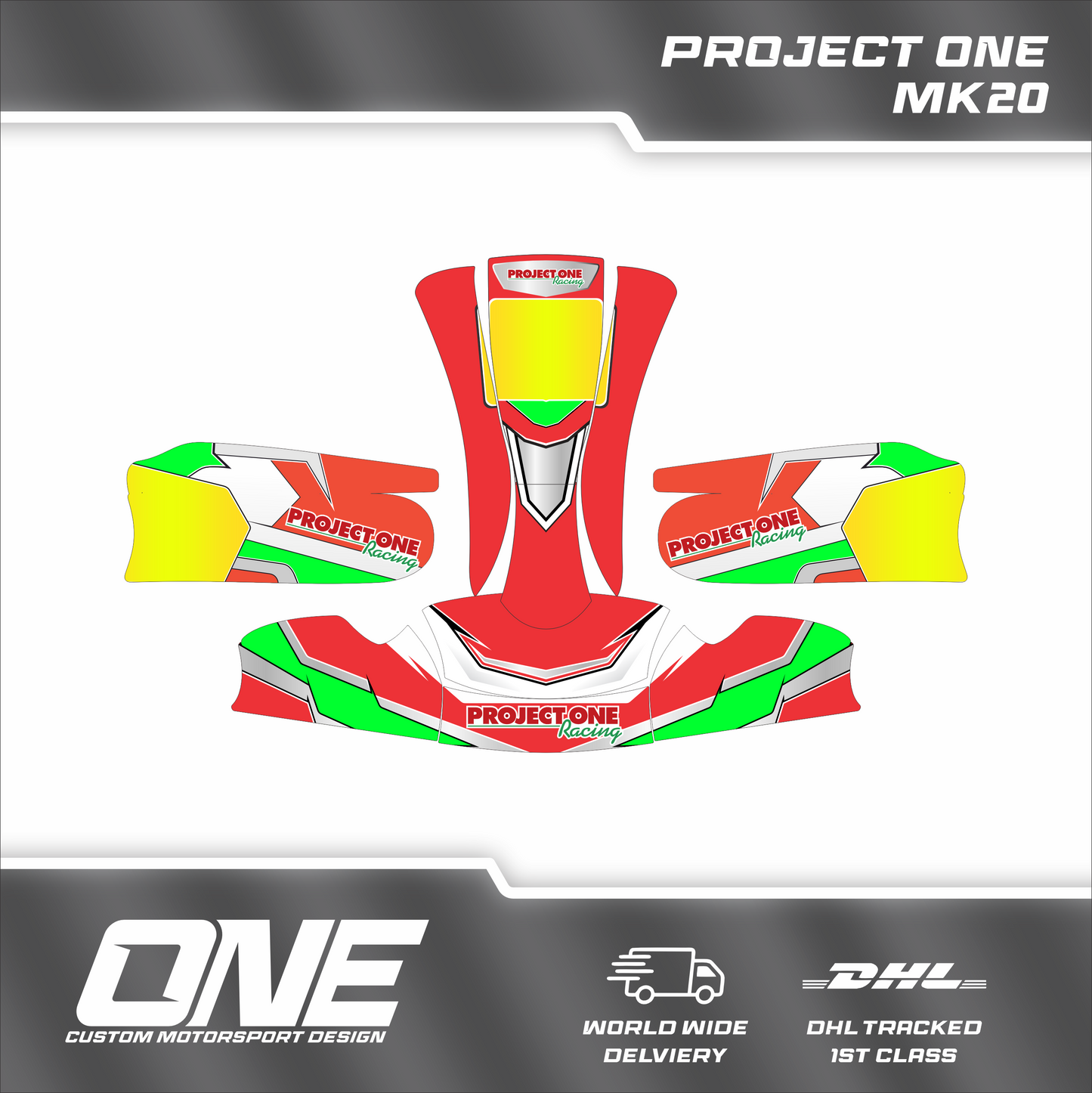 Replica Project One Kart Graphics Kit- SilverChrome, Fluro Green